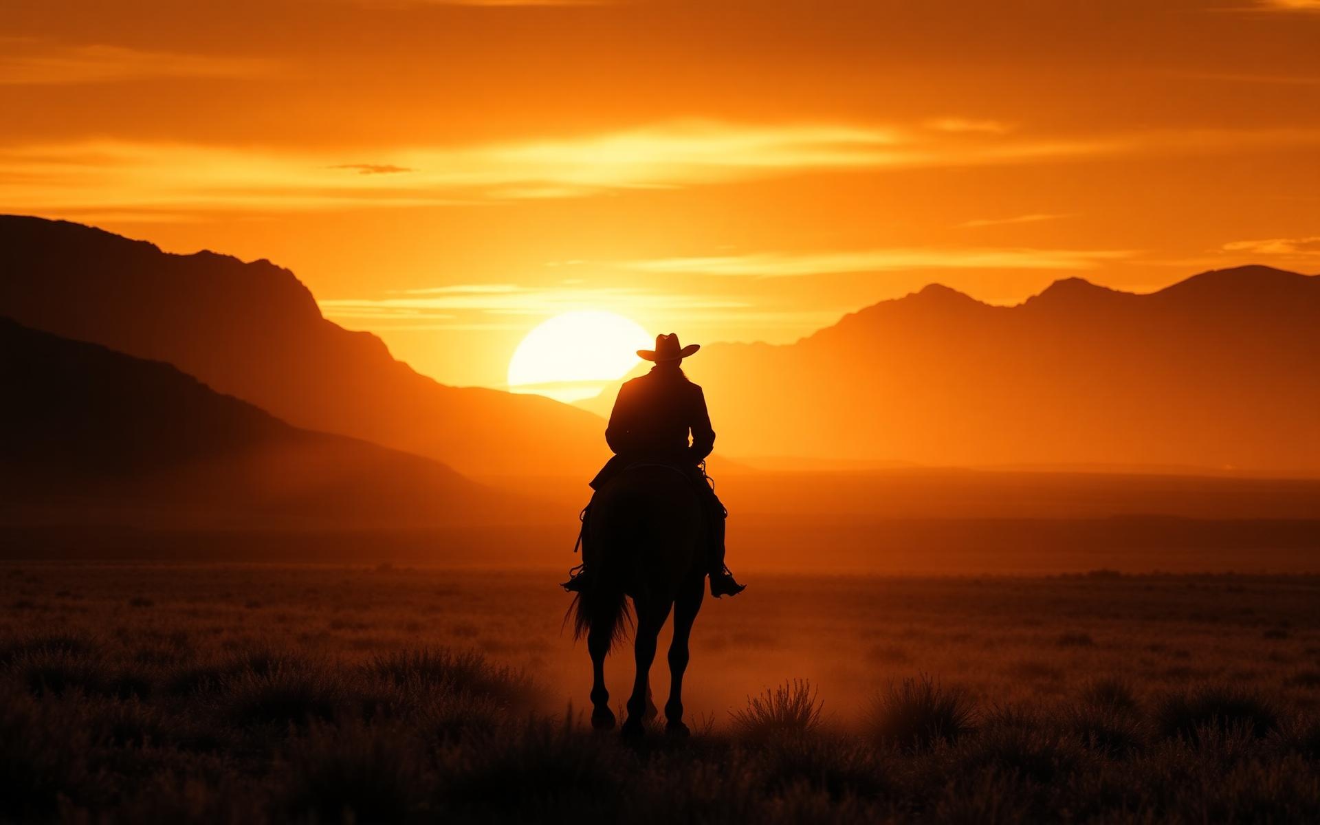 Lone rider silhouetted against a golden sunset frontier